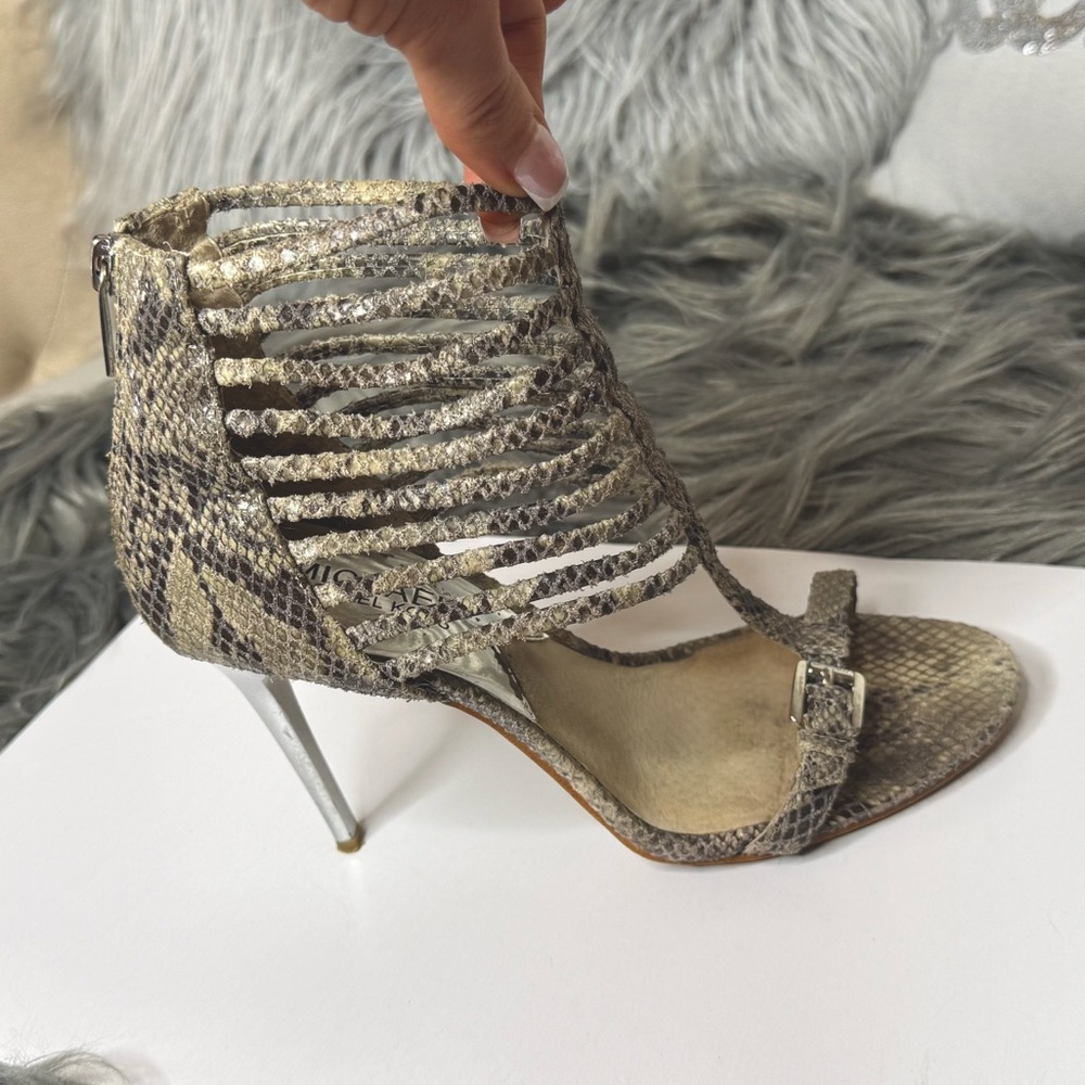 MICHAEL By Michael Kors Gray Snake Print Leather Ankle Strap Sandals Size 7M